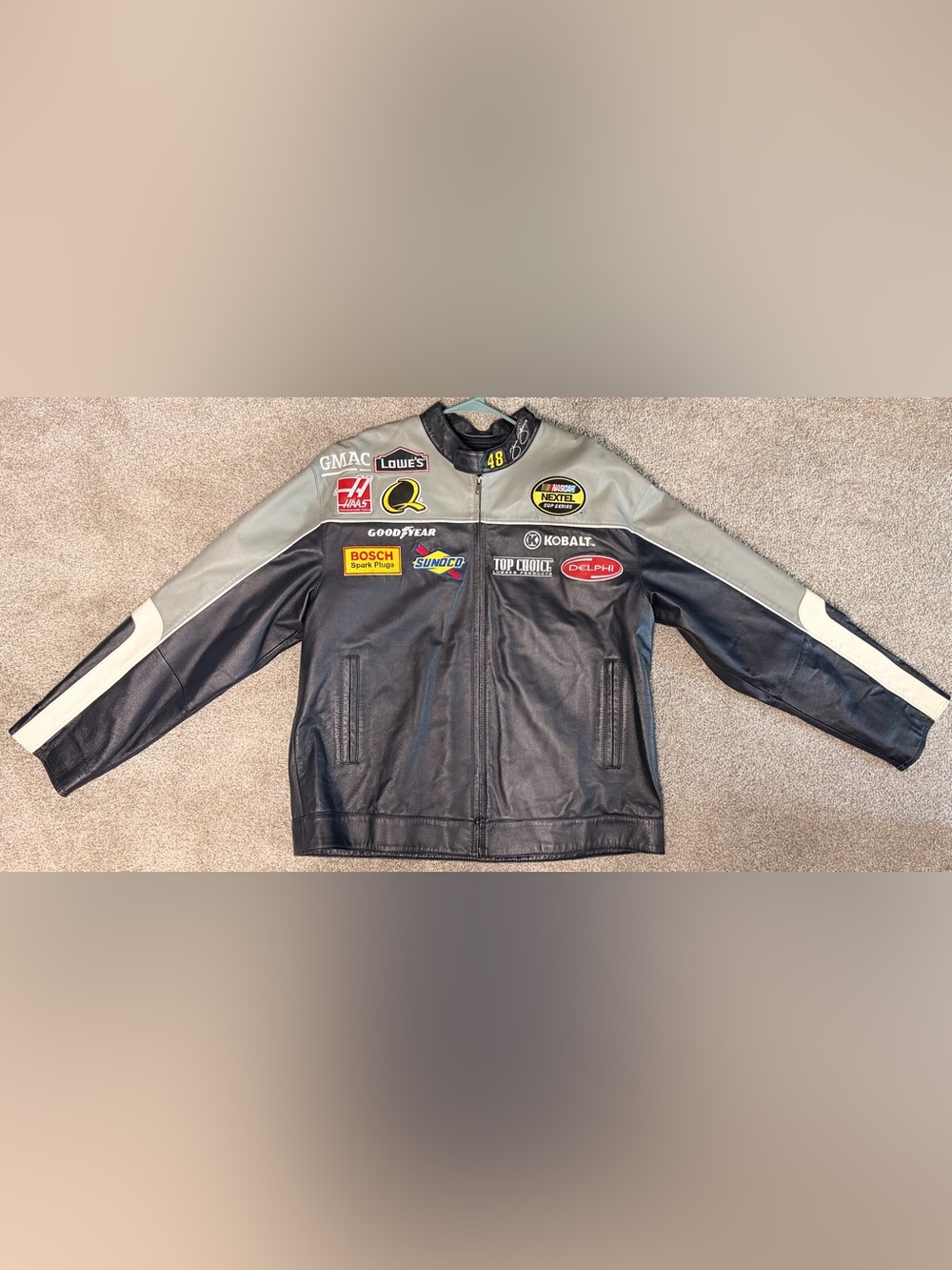 Wilsons Leather Black and Gray Racing Patch Leather Jacket